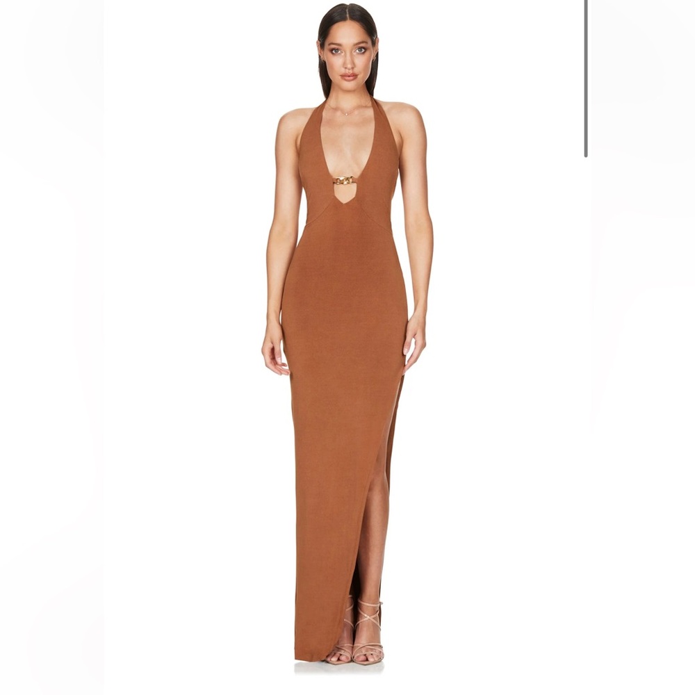 NWT Nookie Alyssa Chain Gown Plunging Chain Strap Maxi Dress Rust Tan Brown 6
